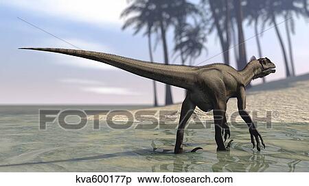Stock Illustration - Utahraptor walking in shallow water.. Fotosearch