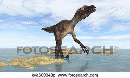 Utahraptor walking through prehistoric waters. View Large Illustration Stock Illustration - Utahraptor walking through prehistoric waters.. Fotosearch