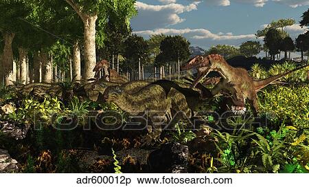 Stock Illustration - Utahraptors hunting the early iguanodonts, Tenontosaurus.. Fotosearch