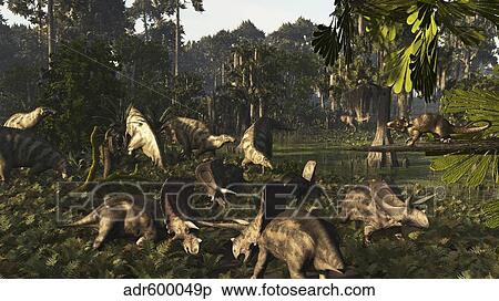 Various dinosaurs of the Hell Creek Formation. View Large Illustration Stock Illustration - Various dinosaurs of the Hell Creek Formation.. Fotosearch