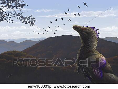 Velociraptor in an autumn landscape. View Large Illustration Stock Illustration - Velociraptor in an autumn landscape.. Fotosearch