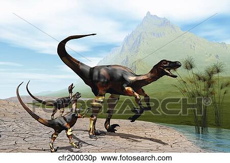 Velociraptor offspring beg mother dinosaur for food near a pond. View Large Illustration Stock Illustration - Velociraptor offspring beg mother dinosaur for food near a pond.. Fotosearch