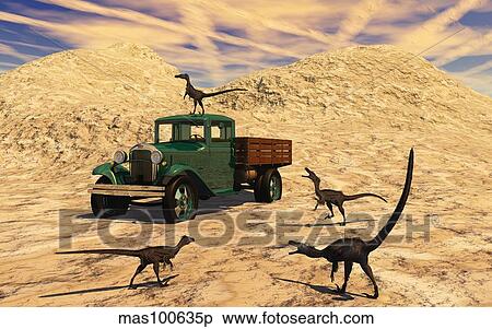 Velociraptors react curiously to a 1930's American pickup truck. View Large Illustration Stock Illustration - Velociraptors react curiously to a 1930's American pickup truck.. Fotosearch