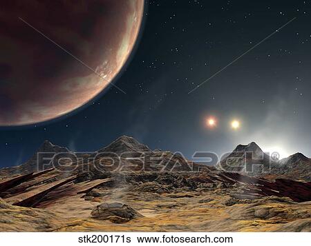 Stock Illustration - View from a hypothetical moon in orbit around the first known planet to reside in a tight-knit triple-star system.. Fotosearch