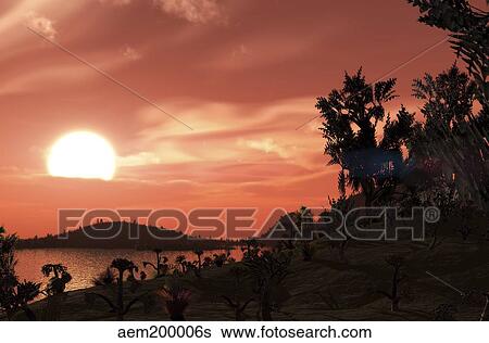 View from the surface of Earth-like exoplanet Gliese 581c. View Large Illustration Stock Illustration - View from the surface of Earth-like exoplanet Gliese 581c.. Fotosearch