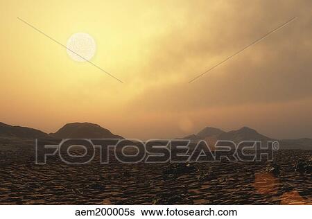 View from the surface of rocky exoplanet Gliese 581e. View Large Illustration Stock Illustration - View from the surface of rocky exoplanet Gliese 581e.. Fotosearch