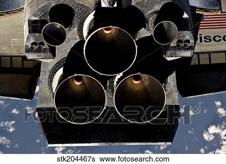 View of space shuttle Discovery's three main engines. View Large Photo Image Stock Photograph - View of space shuttle Discovery's three main engines.. Fotosearch