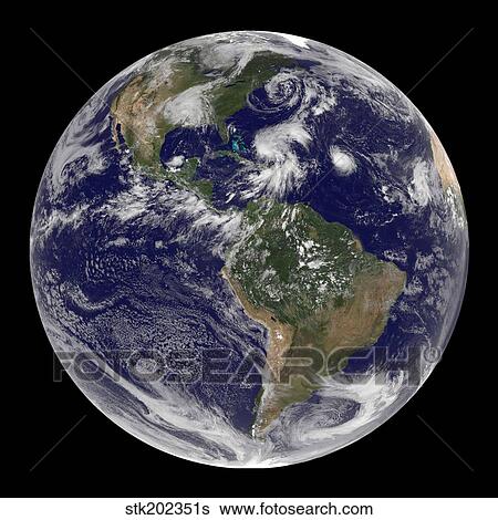 Stock Photograph - View of the full Earth and four storm systems.. Fotosearch