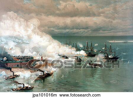 Stock Illustration - Vintage American Civil War print of The Battle of Mobile Bay.. Fotosearch