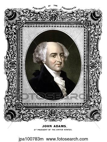 Stock Illustration - Vintage American History print of a color portrait of President John Adams.. Fotosearch