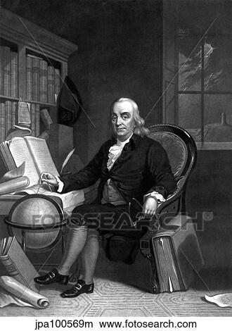 Vintage American History print of Benjamin Franklin doing research in his study. View Large Illustration Stock Illustration - Vintage American History print of Benjamin Franklin doing research in his study.. Fotosearch