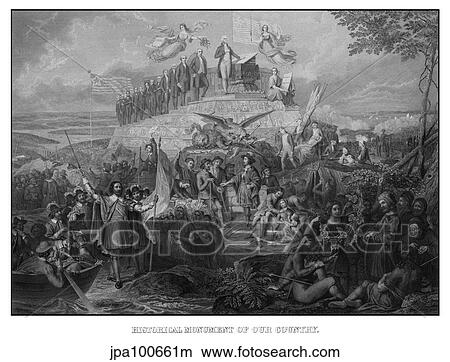 Stock Illustration - Vintage American History print of Christopher Columbus arriving in America.. Fotosearch