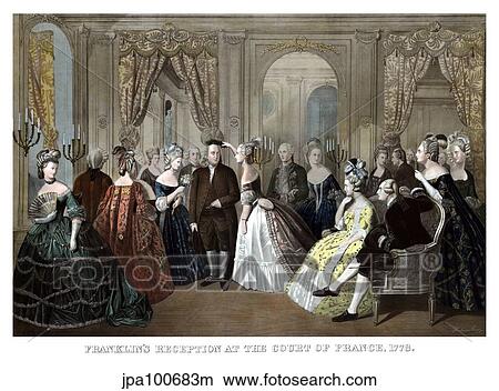 Stock Illustration - Vintage American History print of Benjamin Franklin's reception by the French court.. Fotosearch
