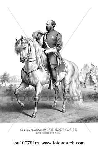 Stock Illustration - Vintage American history print of President James Garfield on horseback.. Fotosearch