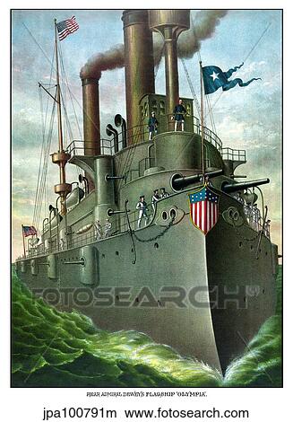 Stock Illustration - Vintage American History print of Admiral George Dewey standing on his flagship.. Fotosearch