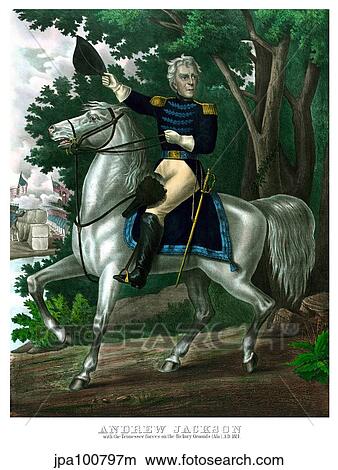 Vintage American history print of General Andrew Jackson on horseback. View Large Illustration Stock Illustration - Vintage American history print of General Andrew Jackson on horseback.. Fotosearch