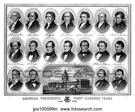 Stock Illustration - Vintage American history print of the first eighteen Presidents of The United States.. Fotosearch
