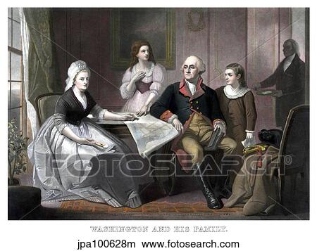 Vintage American history print of the Washington family seated at a table. View Large Illustration Stock Illustration - Vintage American history print of the Washington family seated at a table.. Fotosearch