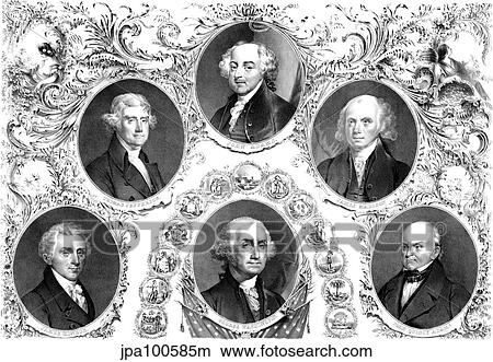 Stock Illustration - Vintage American history print showing the first six Presidents of The United States.. Fotosearch