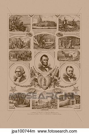 Stock Illustration - Vintage American history print featuring Presidents Grant, Lincoln and Washington.. Fotosearch