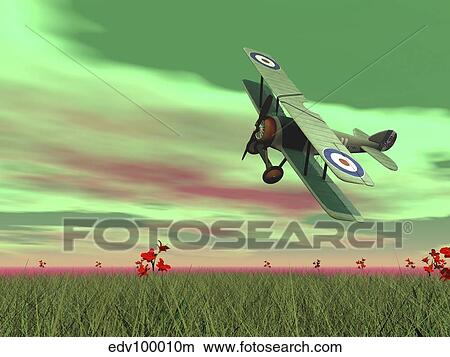 Vintage biplane flying above green grass with flowers by sunset. View Large Illustration Stock Illustration - Vintage biplane flying above green grass with flowers by sunset.. Fotosearch