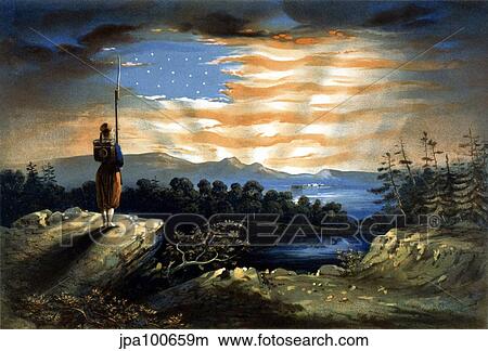 Stock Illustration - Vintage Civil War painting of a lone Zouave sentry overlooking a cliff.. Fotosearch
