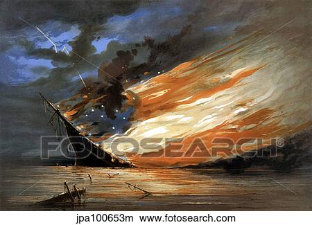 Vintage Civil War painting of a warship burning in a calm sea. View Large Illustration Stock Illustration - Vintage Civil War painting of a warship burning in a calm sea.. Fotosearch