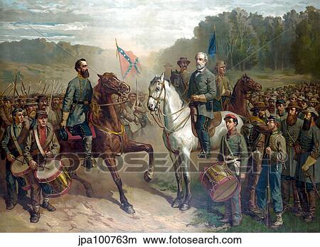 Stock Illustration - Vintage Civil War painting of Gernal Lee and Jackson on horseback.. Fotosearch