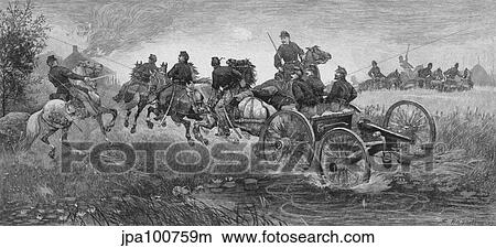 Stock Illustration - Vintage Civil War print of a team of horses pulling a cannon into battle.. Fotosearch