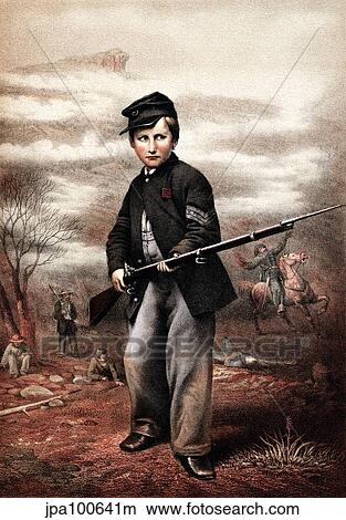 Vintage Civil War print of a Union Drummer Boy holding a rifle on battlefield. View Large Illustration Stock Illustration - Vintage Civil War print of a Union Drummer Boy holding a rifle on battlefield.. Fotosearch