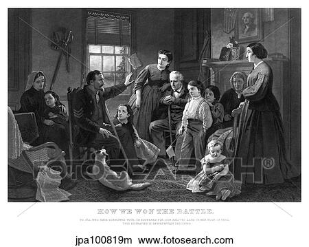 Stock Illustration - Vintage Civil War print of a Union soldier recounting a battle story to his family.. Fotosearch