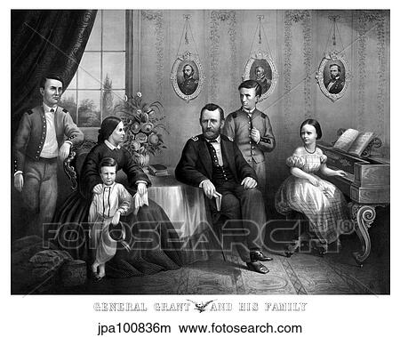 Stock Illustration - Vintage Civil War print of General Ulysses S. Grant and his family.. Fotosearch