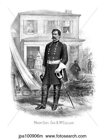 Stock Illustration - Vintage Civil War print of General George McClellan at Camp Seminary.. Fotosearch