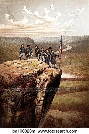 Stock Illustration - Vintage Civil War print of Union soldiers on the summit of Lookout Mountain.. Fotosearch