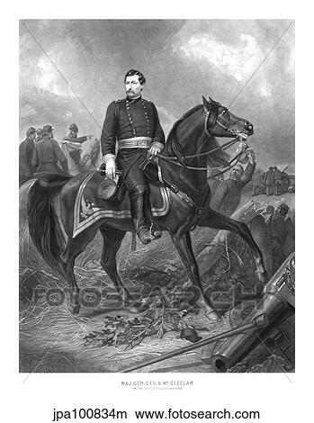 Stock Illustration - Vintage Civil War print of Union General George McClellan on horseback.. Fotosearch