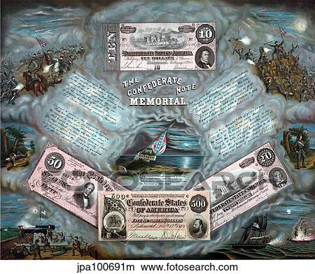 Stock Illustration - Vintage Civil War Print showing four reproductions of Confederate currency notes.. Fotosearch