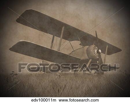 Vintage image of a biplane parked on the grass. View Large Illustration Stock Illustration - Vintage image of a biplane parked on the grass.. Fotosearch