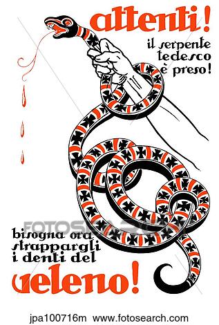 Stock Illustration - Vintage Italian World War One poster of a hand strangling a snake.. Fotosearch