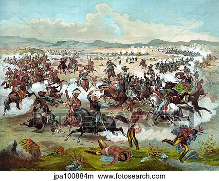 Stock Illustration - Vintage military print of The Battle of Little Bighorn.. Fotosearch