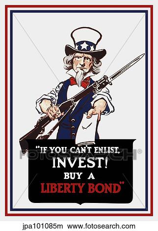 Stock Illustration - Vintage poster of Uncle Sam holding a rifle and holding out a liberty bond.. Fotosearch