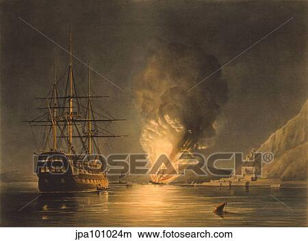 Stock Illustration - Vintage print featuring the explosion of the U. S. Steam Frigate Missouri, at Gibraltar.. Fotosearch