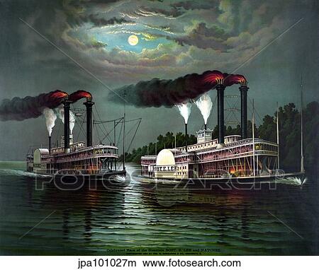 Stock Illustration - Vintage print featuring the race of steamboats Robert E. Lee and Natchez.. Fotosearch