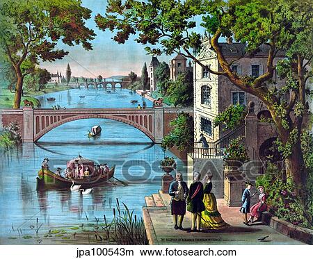 Stock Illustration - Vintage print of Ben Franklin being greeted along the bank of a river in France.. Fotosearch