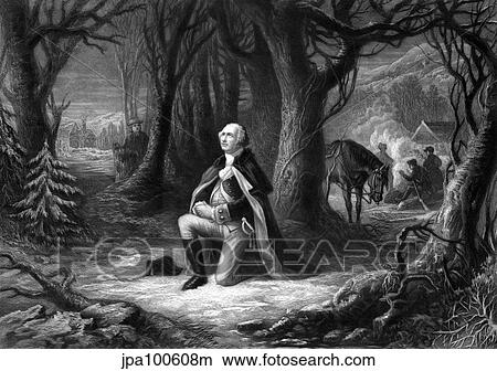 Stock Illustration - Vintage Revolutionary War print of General George Washington praying at Valley Forge.. Fotosearch