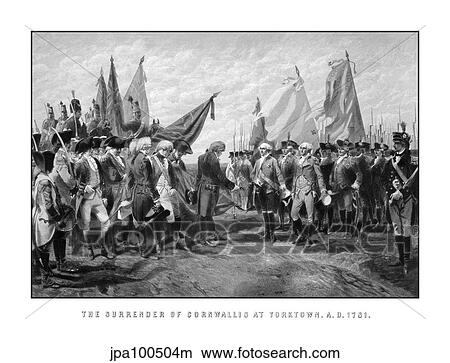 Stock Illustration - Vintage Revolutionary War print showing the surrender of British troops.. Fotosearch