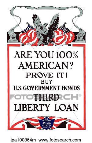 Stock Illustration - Vintage World War I poster of a bald eagle, American flags, and artillery guns.. Fotosearch