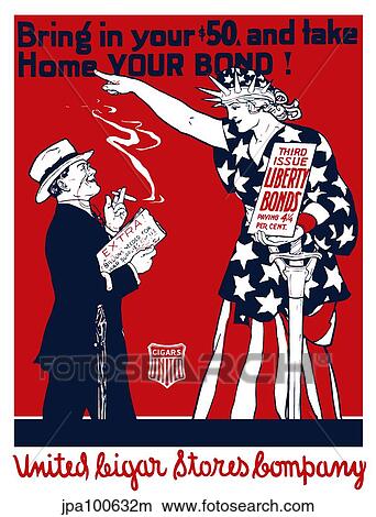 Stock Illustration - Vintage World War I poster of a man smoking a cigar as Lady Liberty points at him.. Fotosearch