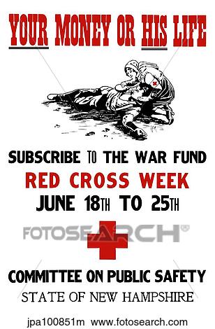 Stock Illustration - Vintage World War I poster of a Red Cross nurse helping a wounded soldier.. Fotosearch