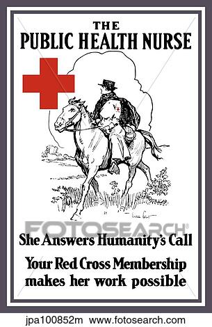 Vintage World War I poster of a red cross nurse riding on horseback. View Large Illustration Stock Illustration - Vintage World War I poster of a red cross nurse riding on horseback.. Fotosearch