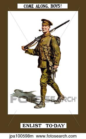 Stock Illustration - Vintage World War I poster of a smiling British soldier marching along with his rifle.. Fotosearch